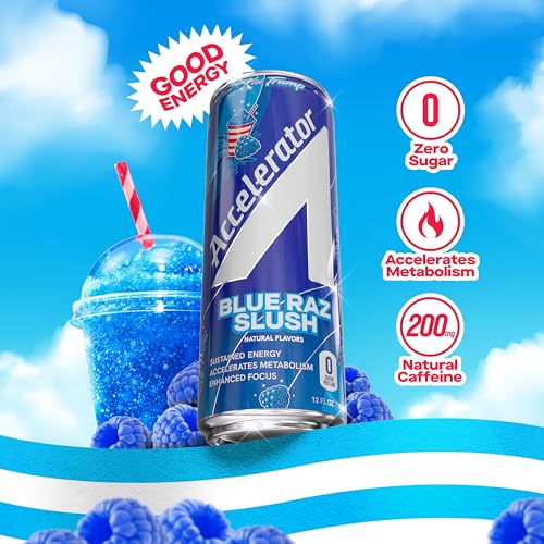 Image of Accelerator Active Energy Drink, Blue Raz Slush 12oz can (12 pack) | Zero Sugar, Sustained Energy from 100% Natural Caffeine (200mg from Green Coffee Bean & Green Tea extract)
