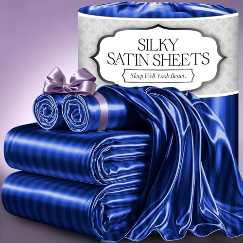 DECOLURE, Juego de ropa de cama sedosa de satén de lujo de 4 piezas, sin arrugas, con sábana bajera de 40 cm de profundidad, perfecto para cabello y piel, tamaño king, regalos para mujer, rayas azules