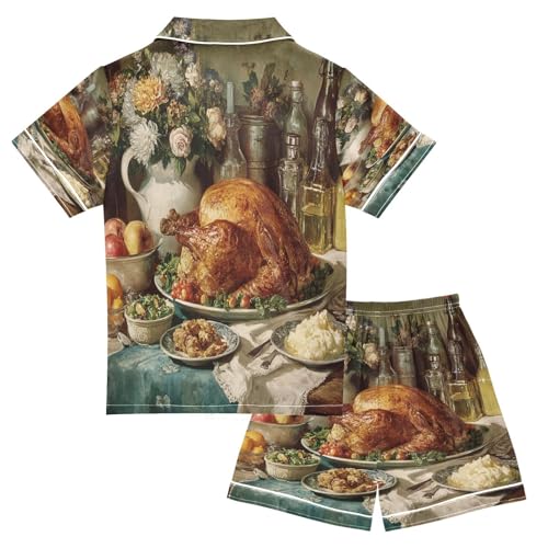 Satin Pajama Sets Short Sleeve Thanksgiving Feast with Turkey Button Down Silky Nightwear 2 Piece PJS 5-14Y2