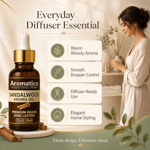 Image of AROMATICO Sandalwood Diffuser Oil, Natural Fragrance for Aromatherapy, Meditation & Concentration | for Diffusers, Air Fresheners 30ml