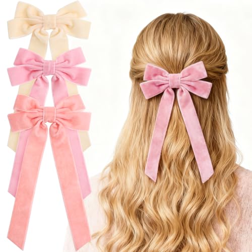 3 Pack Velvet Hair Bows for Women Girls Blush Pink Bow Hair Accessories with Alligator Clips Big Ribbon for Autumn Christmas Winter Hair Decor (Blush Series Velvet)