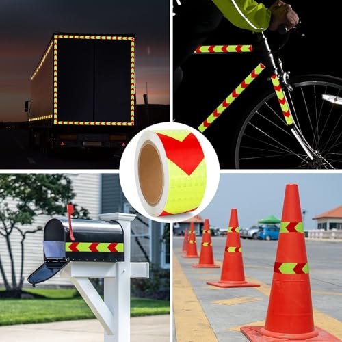 Image of ZSIGNS 2 Inch X 5 METER Arrow Reflective Hazard Safety Warning Caution Tape, Reflector Industrial Marking Tape for Trailers Vehicles Stairs Steps Floor Boats Outdoor Waterproof (GREEN & RED)