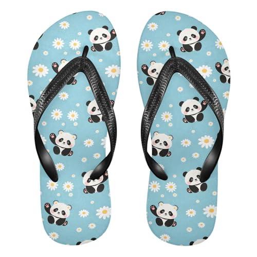 ALAZA Cute Childish Panda Daisy Flip Flops for Women Fashion Beach Slippers Comfort Mens Flip Flops Non-Slip Rubber Shower Slippers Sandal for Hotel Travel Sport,XS