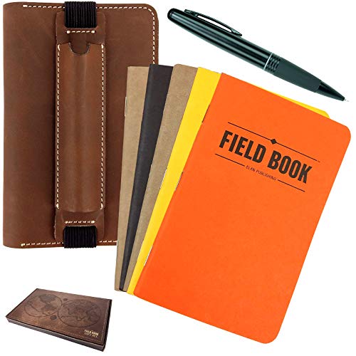 Excello Global Products Handgefertigtes genähtes Leder-Tagebucheinband, Geschenkset: inklusive Stift und 5 Feld-Notizbücher, kompatibel mit Feldnotizen und Moleskine Cahier Notizbuch Cover