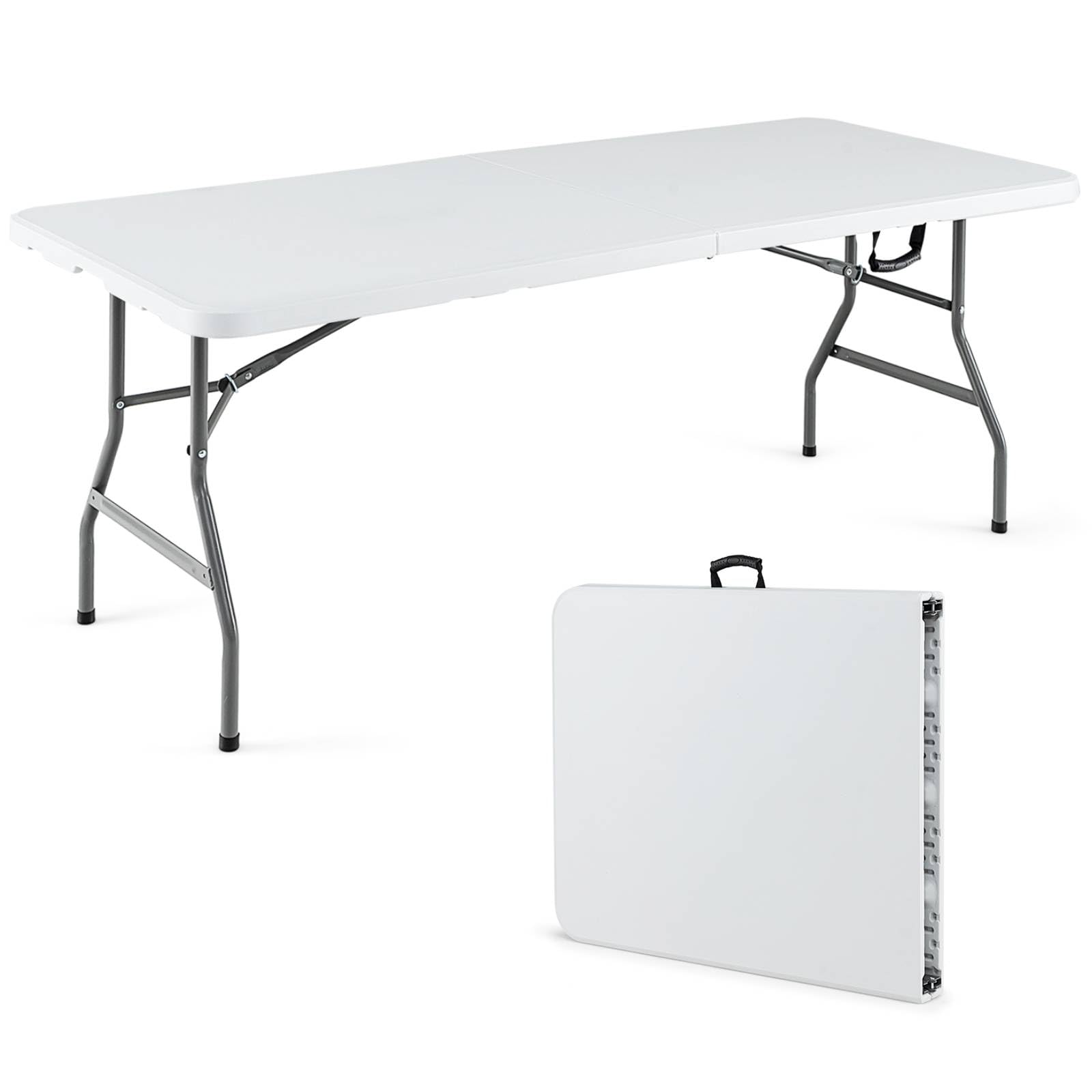 SPOTRAVEL 5FT/6FT Folding Camping Table, Portable Picnic Table with Carrying Handle, Fold-In-Half Outdoor Dining Trestle Garden Desk for Party BBQ (6FT, 180KG Capacity, White)