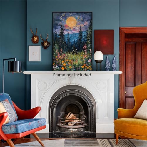 Yuaruo Vintage Full Moon Above The Wildflowers Canvas Wall Art, Mystical Midnight Woodland Art Print Poster, Retro Flowers And Trees Nature Oil Painting, Dark Forest Landscape 12X16In Unframed thumb #4