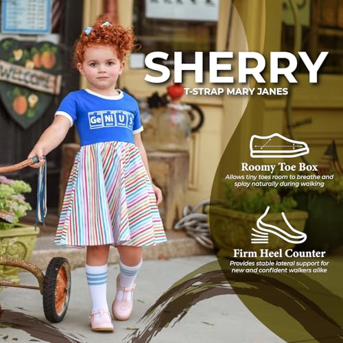 FOOTMATES Sherry Mary Jane Hook and Loop Leather T-Strap Shoes with Wide Toe Box and Custom-Fit Insoles, Non-Marking Outsoles - for Toddlers and Kids, Ages 1-84