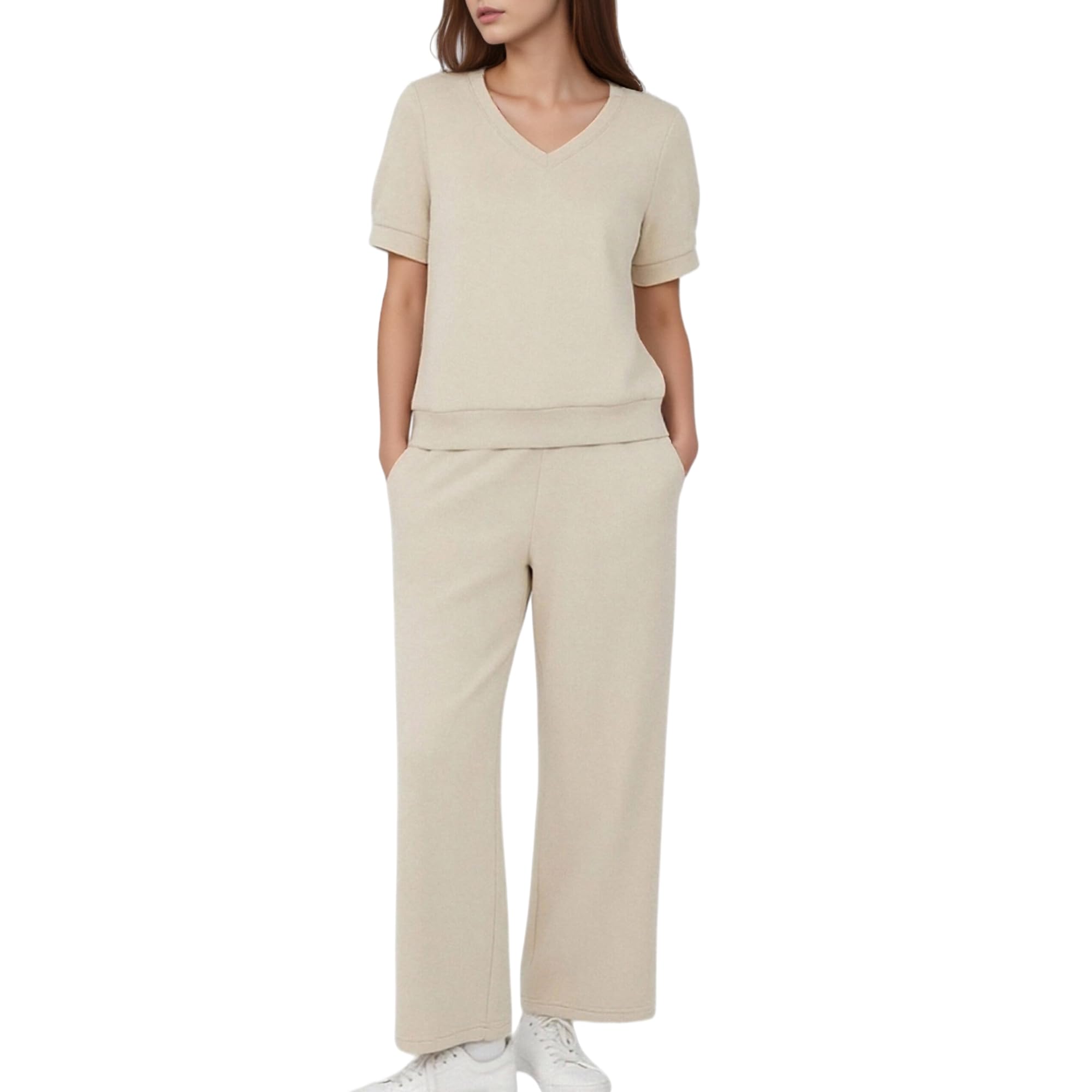 Womens 2 Piece Lounge Sets Summer V Neck Short Sleeve Tops Wide Leg Sweatpants