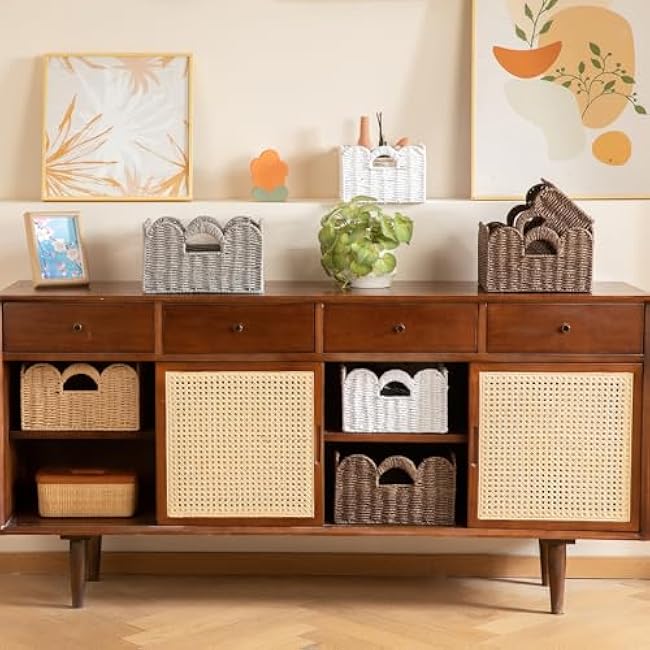 OIAHOMY Scalloped Wicker Baskets, Hand-woven Storage Baskets with Built-in Handles, Paper Rope Shelf Baskets for Organizing and Decoration, Set of 3-Yellow