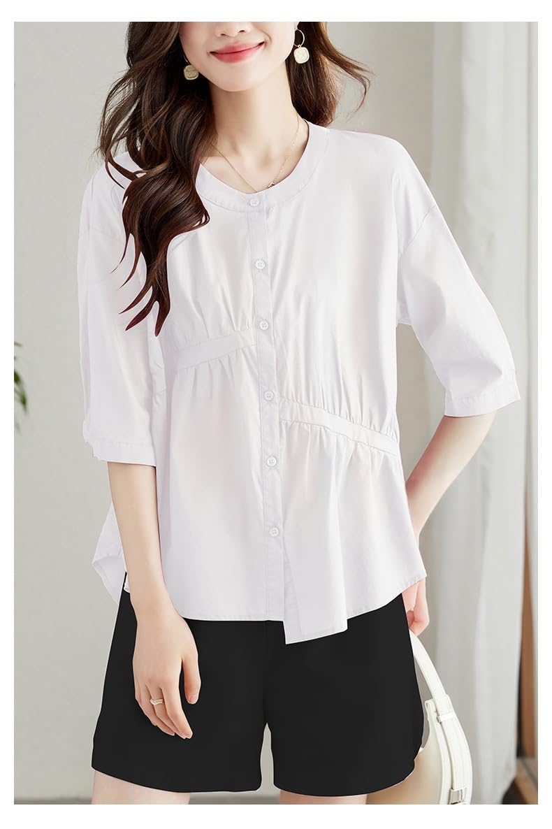 Camisas De Algodón De Manga Larga para Mujer, Blusa Tipo Túnica Blanca Transparente con Solapa, Botones, Fruncido, Dobladillo Irregular, Informal, Holgada, para Uso Diario Y Verano.