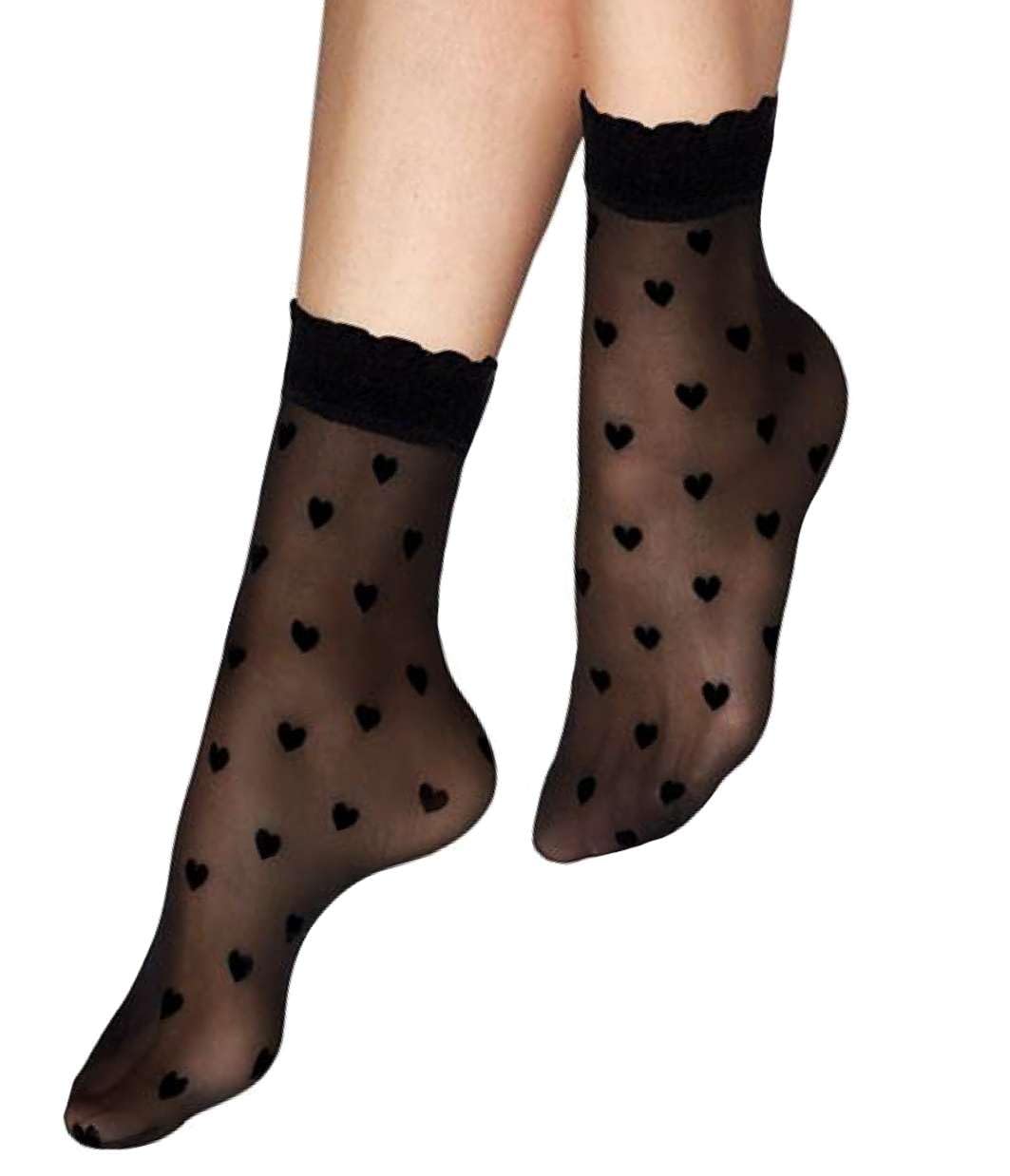 Aurellie Women's Hearts Black Sheer Pattern Ankle Socks Summer 20 Den