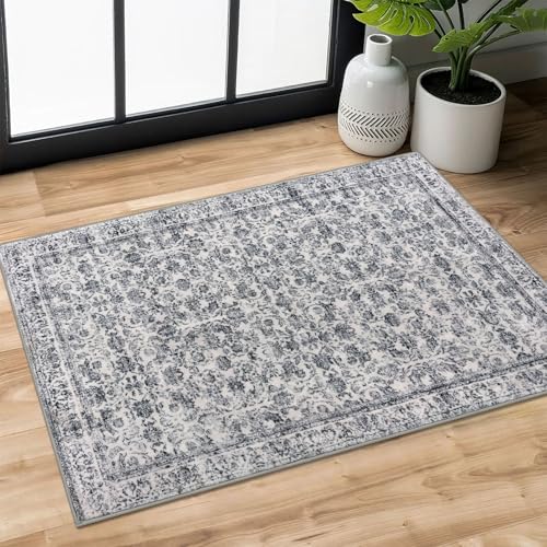 2x3 Grey Blue Washable Rug Soft Area Rug for Entryway, Non-Slip Indoor Door Mat Distressed Floral Low-Pile Kitchen Rugs, Neutral Vintage Carpet for Entrance Kitchen Bedside Farmhouse