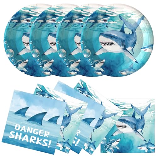 Xjoviative 50Pcs Shark Birthday Plates and Napkins Party Supplies Disposable Ocean Shark Theme Paper Plates Napkins Sea Animal Tableware Set for Under The Sea Party Decorations