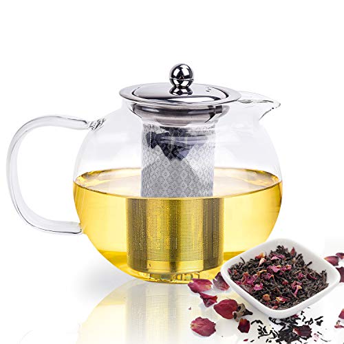 izBuy 1300ml Glass Teapot with Removable Stainless Steel Infuser & Lid, Larger Capacity Tea Kettle, Blooming and Loose Leaf Tea Maker