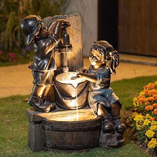 Image of Glitzhome Outdoor Water Fountain with LED Light, Children Playing with Faucet Waterfall Fountains, Antique Bronze Resin Boy and Girl Statue Outdoor Waterfall Fountain for Patio Backyard Garden, 25 inchH