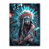 NingzhimanArt Native American Decor Painting, Indian Girl Warrior Wall Art Canvas Prints, Vintage Feather Headdress Chief Poster, Traditional Indian Tribe Women Picture for Bedroom