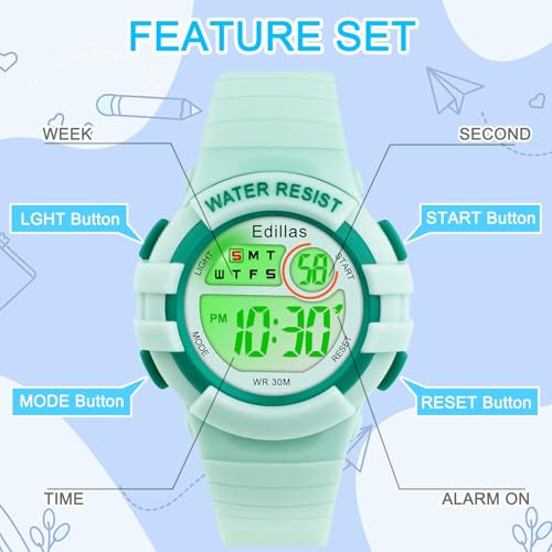 Image of Edillas Kids Watches Digital Girls Boys, 7 Colors Light Wristwatches for Child Waterproof Sport Outdoor Multifunctional with Stopwatch /Alarm for Kids(Green)
