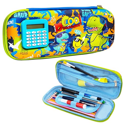Image of VGRASSP Stationery Pencil Pouch for Kids with Mini Calculator - Dinosaur Theme Zipper Case with Multi Storage Compartments - School Supplies Organizer - Multicolor
