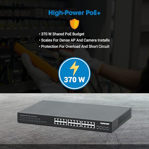 Image of Intellinet 24-Port Unmanaged PoE+ Gigabit Ethernet Switch - 370W Power Budget, 4 x 10 Gbps SFP+ Ports, Rackmount / Desktop, Autosensing Ports, Sturdy Metal - 3 Yr Mf Warranty - 561761