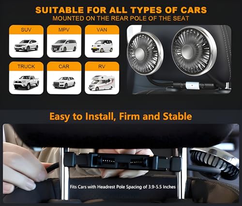 Image of RIGGEAR Car Fan, Back Seat Car USB Fan with Dual Head 3 Speed Adjustable Cooling Air with 360 Flexible Rotation, Independent Switch USB Car Fan for Seat Headrest with Small LED Lamp