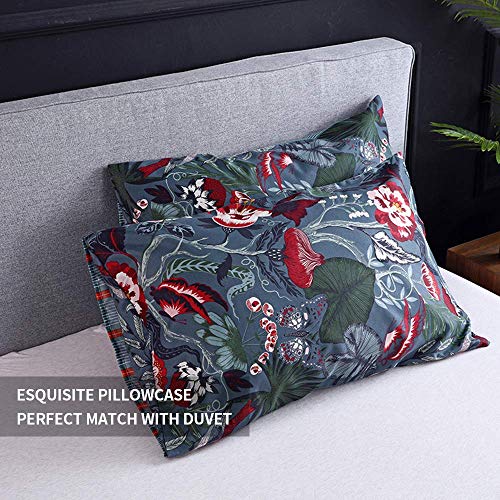 Couturebridal Floral Duvet Cover Queen Botanical Duvet Cover Soft Microfiber Bedding Duvet Covers 3 Pieces With Zipper Ties Reversible Striped Bedding Set With Pink Flower Green Leaves Bird Pattern #TOP5