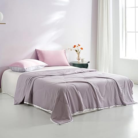 THXSILK Summer Quilt Full Lightweight Summer Cooling Comforter, Fabric 100% Polyester, Filler 100% Tussah Silk, Ash Purple, 59“×83” Cover