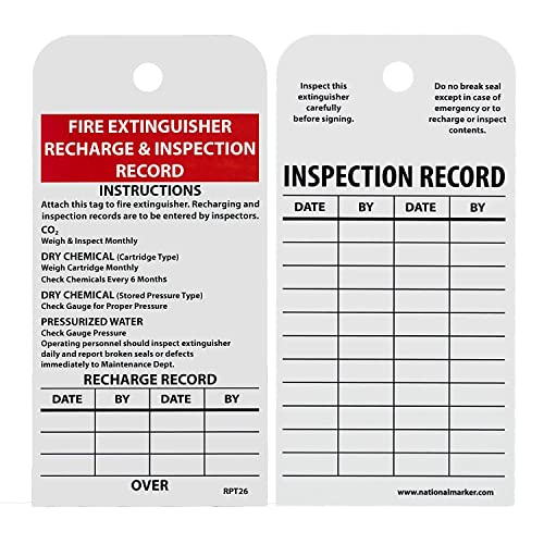 Image of NMC RPT26 Fire Extinguisher Recharge & Inspection Record Tag, Unrippable Vinyl, Notice Inspection Tag, Black, Red, White