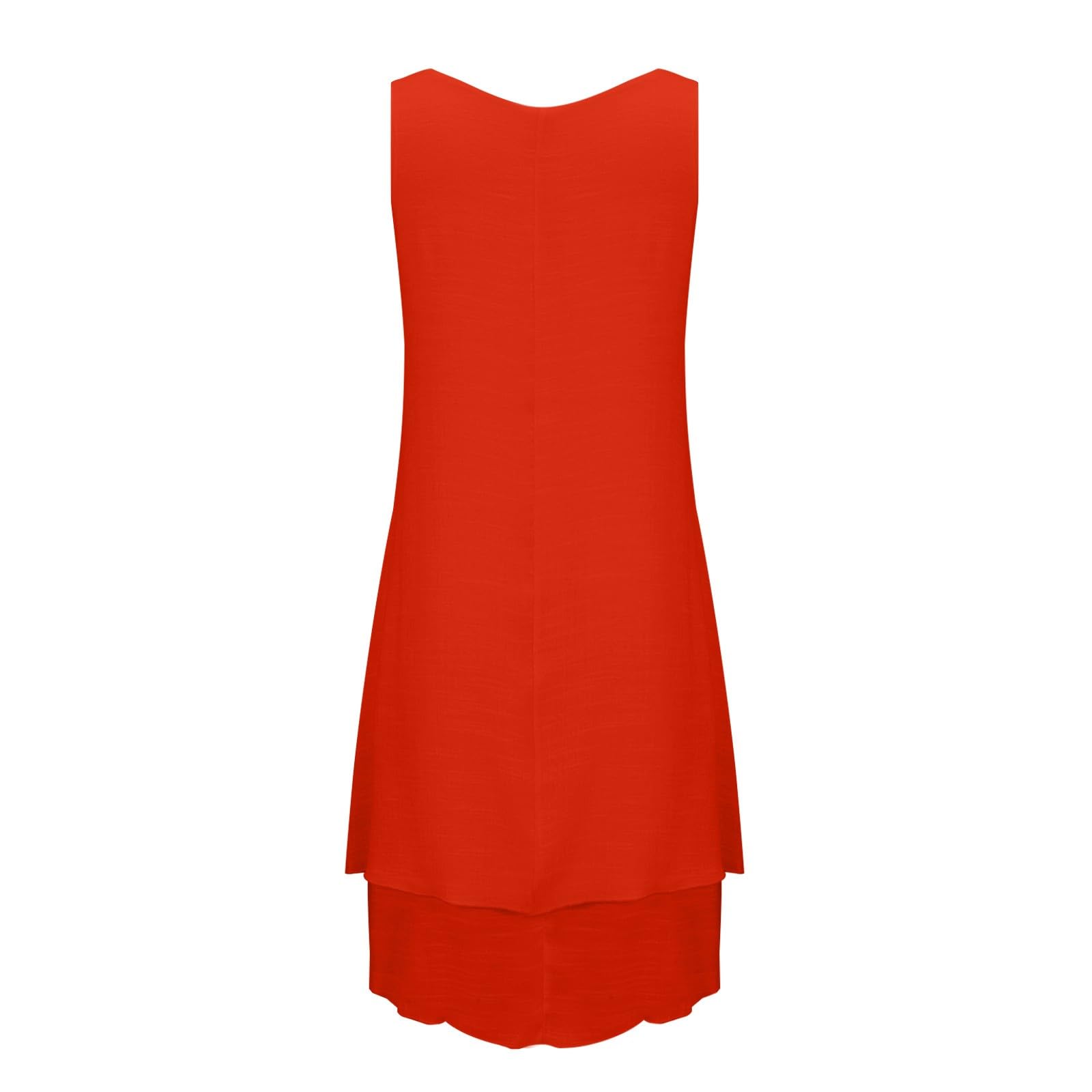 Generico Robe d'été pour femme - Robe d'été courte et sans manches - Robe à volants superposés - Col en U - Couleur unie - En coton et lin - Modèle léger - Robe décontractée de plage