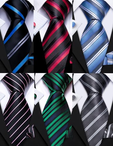 Image of Barry.Wang 6 PCS Men Ties Set Silk Business Fashion Woven Necktie Handkerchief Cufflinks Paisley Stripe Wedding Party