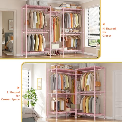 Image of Raybee Clothes Rack, Clothing Racks for Hanging Clothes, L Shaped Clothing Rack for Corner 900LBS Heavy Duty Clothes Rack Garment Rack 74.5 inch W X 18 inch D X 77 inch H, Pink