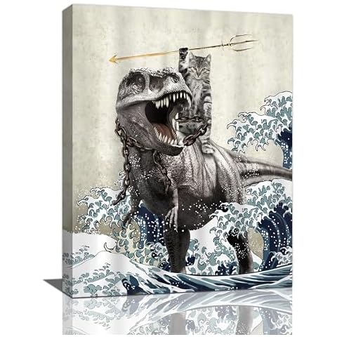 Mecowcm Funny Dinosaur Cat Wall Art Dinosaur Cat Bathroom Decor Pictures Canvas Print Vintage Ocean Waves Painting Artwork Deocration For Office Bathroom Bedroom Living Room 16"x20" Cover