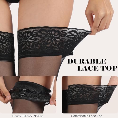 HONENNA Thigh High Stockings for Women, Non-Slip Silicone Black Sheer Lace Top Stay Up Sexy Lingerie3