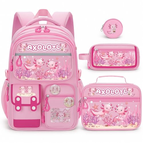 SZWNHS Axolotl Backpack for Girls 4 PCS Girls Backpack with Lunch Box Set Cute Kawaii Large Laptop Bookbag School Bag for Elementary Kids & Teens