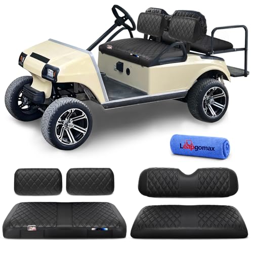 LEAPGOMAX 5PCS Golf Cart Seat Covers Front and Rear Set Fit for Club Car DS Pre-2000 OEM Standard Seat Thick Leather Custom Diamond Comfortable Anti-Scratch No Staples Black