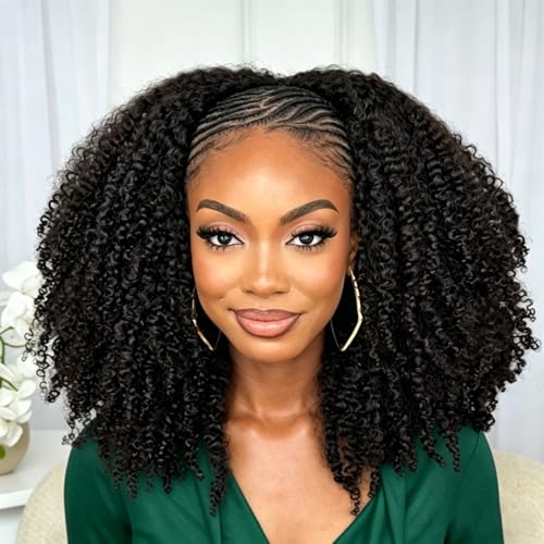 Hertune Kinky Curly Half Wig Human Hair Glueless Wigs Upgrade 3 IN 1 Half Wig with Drawstring Seamless Clip Ins Flip Over No Glue No Lace Wear and Go Human Hair 180% Density 16 Inch
