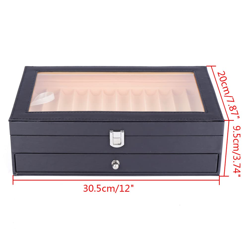 Scatola portapenne in legno per 24 penne stilografiche, stile retrò, con finestra in vetro e cassetti a 2 livelli, in legno, 30,5 x 20 x 9,5 cm, colore nero