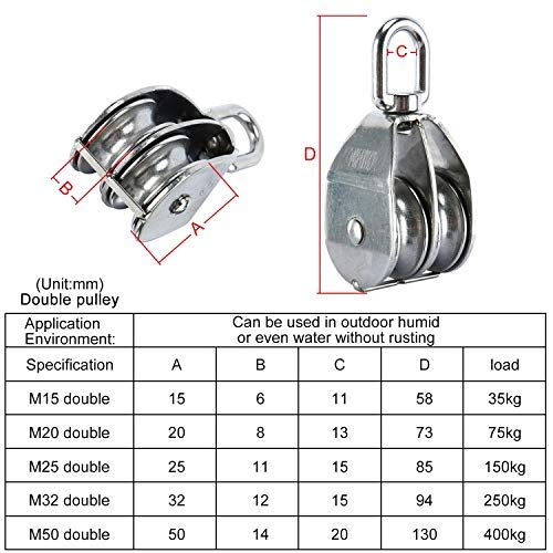 NiceDD M20 Double Pulley Block 304 Stainless Steel Crane Swivel Hook