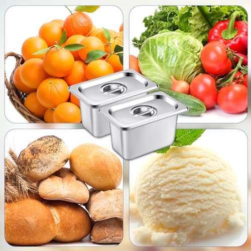 Image of Mifoci 6 Pack Stainless Steam Hotel Pan with Lid, 1 /9 Size x 4 Inch Deep Steam Table Pan Restaurant Supplies Reusable Anti Rust Catering Storage for Home, Party, Restaurant, Hotel, Buffet