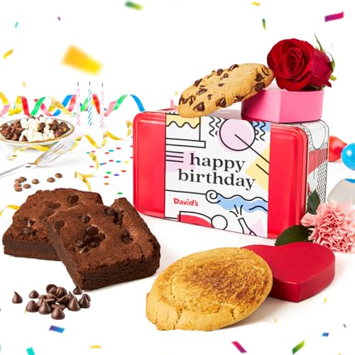 David's Cookies Happy Birthday Gift Sampler Tin – Crunchy Gourmet Cookies – Bakery Snack Gift for Birthdays, Celebrations and Special Occasions – Gluten-Free Cookies & Brownies
