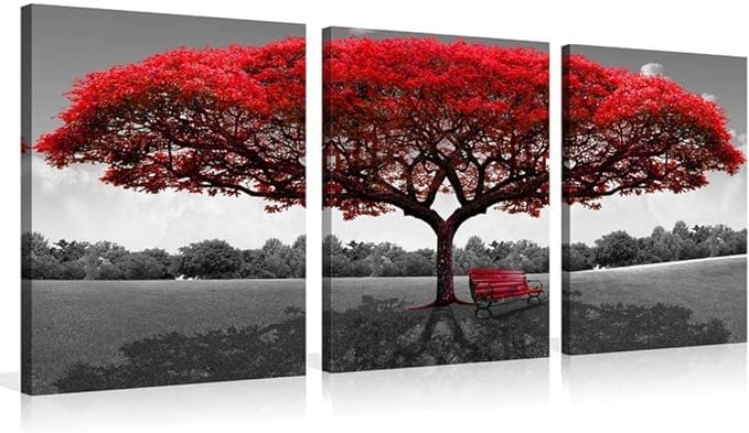 Large Red Tree Canvas Wall Art:3 Piece Nature Wall Decor Abstract Landscape Prints Framed Paintings Modern Scenery Pictures for Living Room Bedroom Home Office Posters