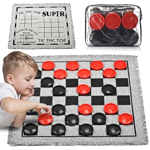 QuadPro Giant Checkers Board Game Set,3 in 1 Jumbo Tic Tac Toe Game,Classic Checkers Board Game for Kids & Adults,Large Checkers Rug Game Mat,Indoor Outdoor Yard Game for Family Camping Party Cover