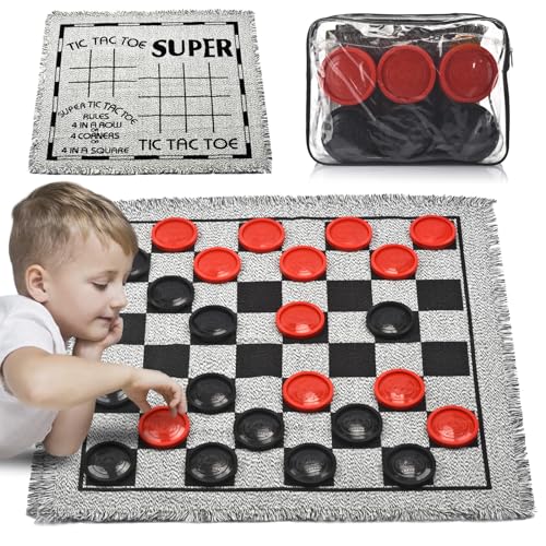 QuadPro Giant Checkers Board Game Set,3 in 1 Jumbo Tic Tac Toe Game,Classic Checkers Board Game for Kids & Adults,Large Checkers Rug Game Mat,Indoor...