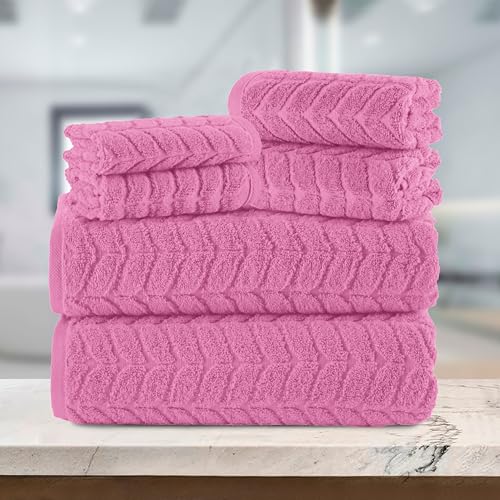 Image of Elegant Comfort Luxury 6-Piece 100% Turkish Cotton Jacquard Braided Textured Premium Hotel Quality Towel Set- Soft and Absorbent, Includes 2 Bath Towels, 2 Hand Towels and 2 Washcloths, Light Pink
