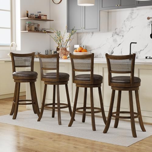 COSTWAY Butaco giratorio de altura para barra de 30", juego de 2, taburetes de madera de caucho con respaldo de ratán sintético, reposapiés y asiento acolchado en leathaire sin reposabrazos para isla de cocina, pub o comedor, color marrón miniatura 2