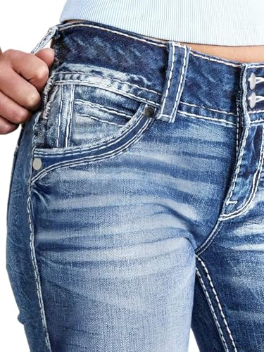 Women Mid Waisted Bootcut Jeans Zip Stretchy Slim Casual Double Button Flare Denim Pants with Distressed Pocket - Image 5