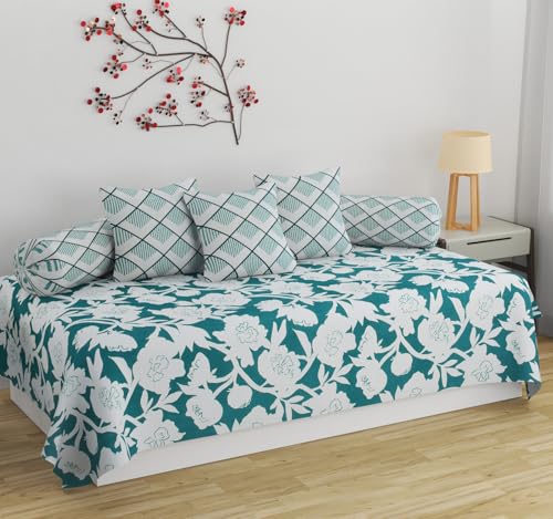 Image of Pure Soft Cotton Floral Diwan Set Covers 6 Pieces - 1 Single Bed Sheet (60 X 90) with 3 Cushion (16 X 16), 2 Bolster Covers (16 X 32) Yellow White