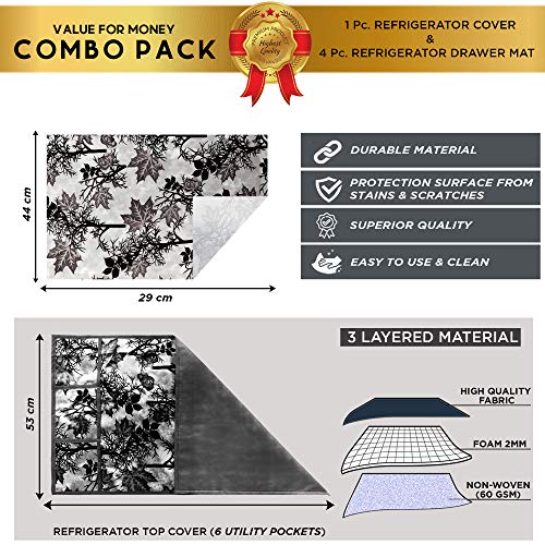 Image of Polyester 3-Layered Fridge Top Cover /Refrigerator Cover with Utility Pockets and Set of 4 Pc Fridge Mats (Color- Floral Black, Size-39x21 Inches)