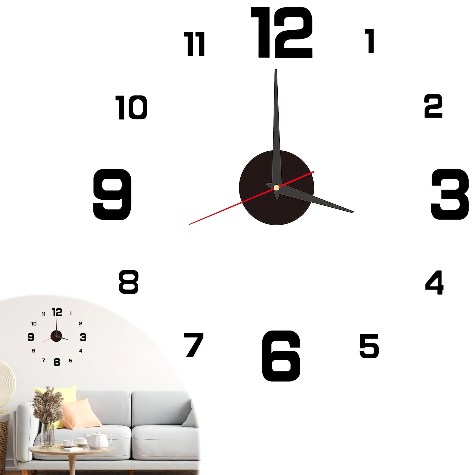 40cm Reloj de Pared 3D DIY con Números Adhesivos, Reloj de Pared Moderno con Movimiento Silencioso, Ideal para Decoración en Sala de Estar, Dormitorio, Cocina, Oficina, Fácil Instalación, Negro