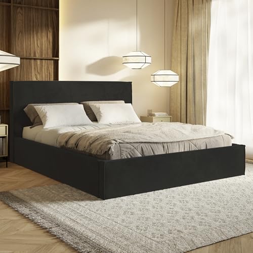 MOTIVENA Boho Bett 180x200 Schwarz Samt, mit Stauraum, mit Kopfteil, mit Lattenrost, ohne Füße, ohne Matratze, Polsterbett 180x200 mit Bettkasten Schwarz