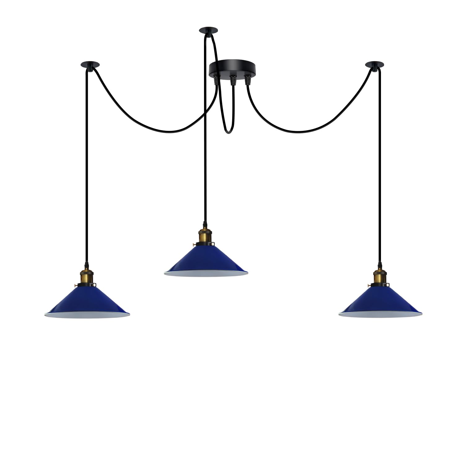 DC VOLTAGE 3 Head Spider Lights Metal Cone Shaped Navy Blue 22 cm Shades Industrial Pendant Lights with 2m Adjustable Cable for Kitchen Island Living Room Bed Room
